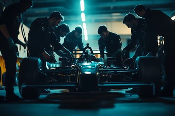 Race Car Mechanics Working on a Formula Car in a Garage at Night