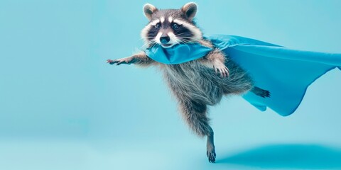 A cute raccoon dressed as a superhero, wearing a blue mask and cape, posed in mid-air against a light blue background, represents creativity, fun, playful concept of animals as heroic characters