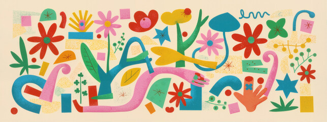 Abstract nature scene with colorful floral elements and organic shapes in a retro art style design.