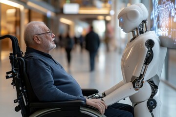 A senior man converses face-to-face with an advanced robot, highlighting the evolution of robotics and its potential to enrich human experiences in everyday life.
