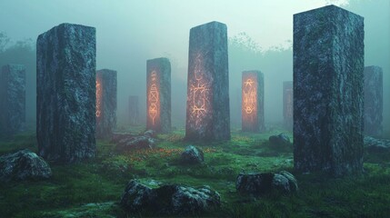 Stone Pillars Mystical Arrangement Amidst Foggy Grassy Environment Glow From Within Scene