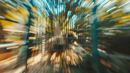 A blurred background of a zoo, blending nature, colors, and distant animal shapes.