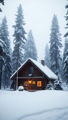 Naklejka premium Snow-Covered Log Cabin The Winter Woods Tall Pines