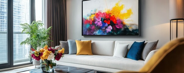 Modern living room with colorful abstract painting and cozy decor