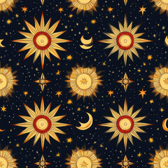 Celestial pattern, sun, moon, stars, seamless design for fabric or wallpaper . seamless pattern. repeating pattern.
