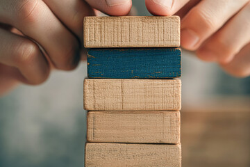 Balancing wooden blocks game indoor setting close-up view focused skill