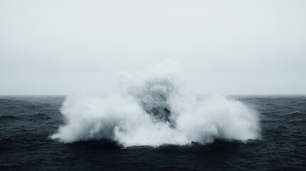 Whale surfacing in stormy sea, dramatic ocean waves