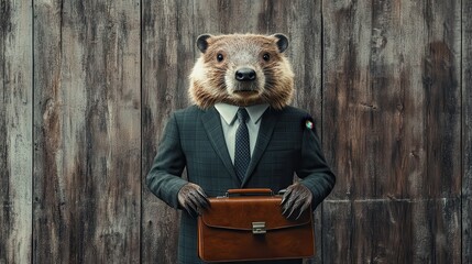Groundhog in business suit holding briefcase against wooden wall