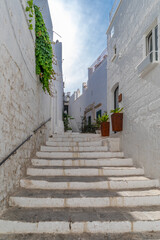 Obraz premium Ruelle pittoresque sur la colline de la ville blanche d'Ostuni, dans les Pouilles, Italie