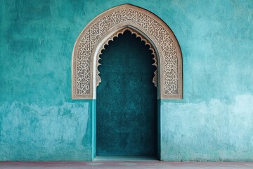 An arched doorway with decorative carvings in an aqua wall