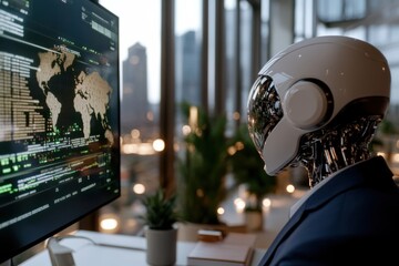 A humanoid robot with a sophisticated design examines intricate data visualizations on a sleek screen, representing the merging of automation and data analysis in high-tech environments.