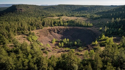 Aerial view of the volcanic crater within a forested landscape