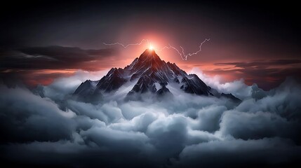 Majestic mountain peak illuminated by sunrise amidst dramatic clouds and lightning in the sky
