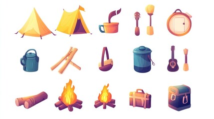 Cartoon camping equipment icons set, vibrant colors, flat style