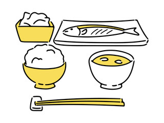 和食の焼き魚定食イメージイラスト(イエロー)