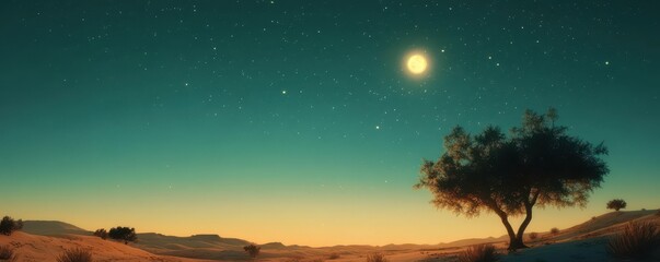 Naklejka premium Serene desert night landscape with moonlit sky and lone tree