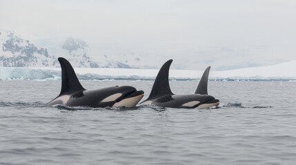 Fototapeta premium Orcas swimming in icy waters antarctica nature photography marine environment aerial perspective wildlife conservation