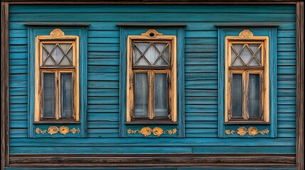 Fototapeta premium Teal Wooden House Exterior with Three Ornate Windows AI Generated