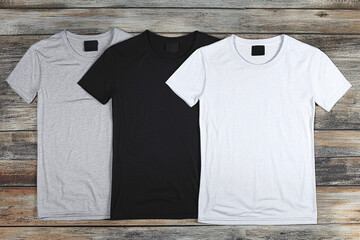 Blank t-shirts in black, white, and gray on wooden background.