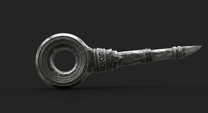 Ancient Key With Ornate Handle And Detailed Blade In Dark Setting. Perfect For Game Design. A 3D Model Render Of A Mysterious Object With Sharp Features And Intricate Details. Ideal For Game Art And