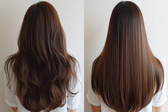 Woman hair before and after keratin smoothing. Hair salon concept