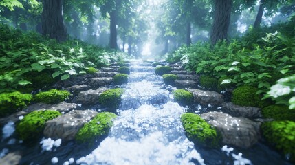 Obraz premium Flowing stream surrounded by lush greenery in a tranquil forest nature scene peaceful environment aesthetic view