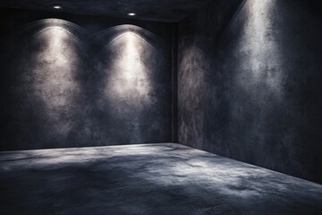 Spotlight Illuminating Dark Concrete Room Corner, Industrial Interior Space with Texture, Light Beam Shining in Dim Cement Chamber Corner, Urban Interior Setting, Stark Design