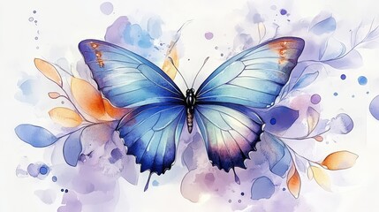 Beautiful Blue Butterfly Surrounded By Colorful Floral Elements