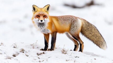 Fototapeta premium Wild red fox exploring snowy landscape nature photography winter wonderland close-up view wildlife depiction