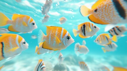 Naklejka premium Colorful tropical fish swimming in crystal clear waters underwater scene coral reef environment close-up view