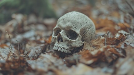 Obraz premium Skull in Autumn Leaves, Forest Floor, Still Life, Symbolism, Possible use Educational resource