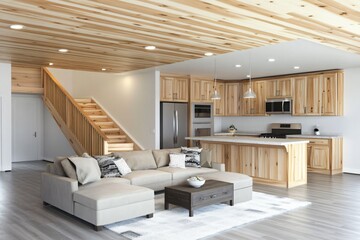 Inviting Open-Plan Home Interior with Wood Kitchen & Cozy Living Room in Modern Style, Relaxing Atmosphere, Warm Wood Kitchen & Lounge Area in Contemporary Residential Design, Comfortable Ambiance
