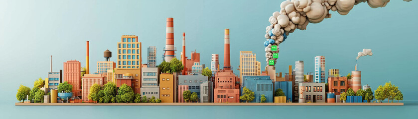 CBAM Carbon concept. Colorful industrial skyline with factories and greenery under a blue sky.