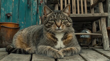 Relaxed tabby cat on weathered wooden porch, antique backdrop