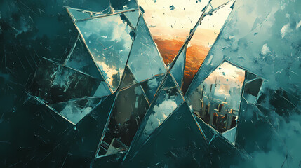 A shattered mirror reflecting diverse scenes and alternate realities in each fragment. shattered realities. illustration. Shattered Reality Fragments. Illustration