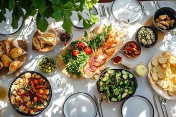 Overhead view of a sunlit outdoor dinner party table laden with various delicious dishes.