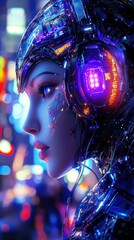 Naklejka premium Futuristic female dj in neon cyberpunk cityscape