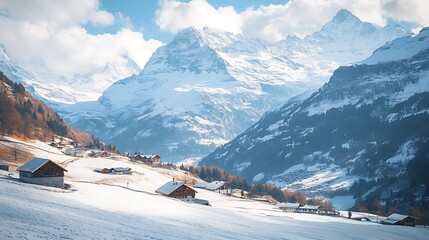 Snowy Mountain Village Landscape with Cottages and Alpine Peaks