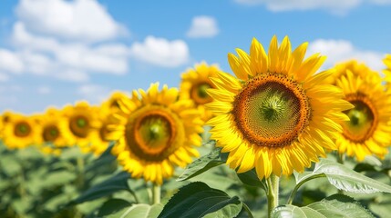Fototapeta premium Vibrant sunflower field blooming in nature captured under clear blue skies eye-level viewpoint