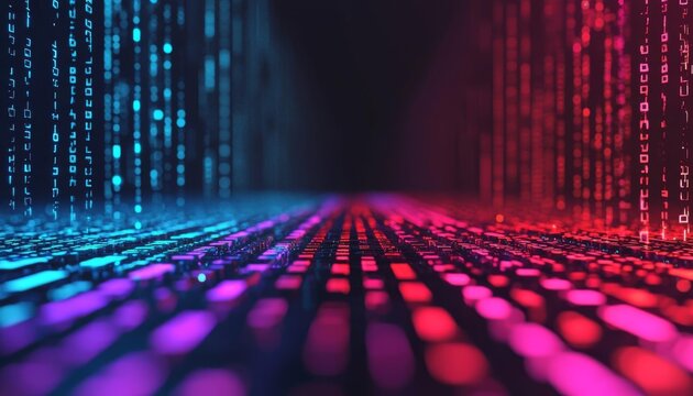 Futuristic digital landscape with vibrant glowing code.