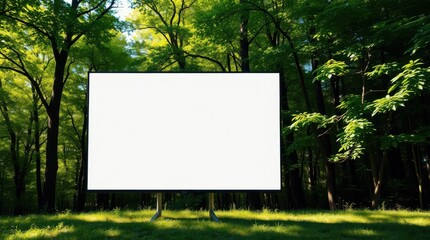 Blank presentation screen stands ready for messages amid the tranquil beauty of a lush green forest.