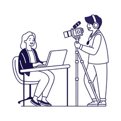 A content creator's podcast cameraman is filming the video line art vector design
