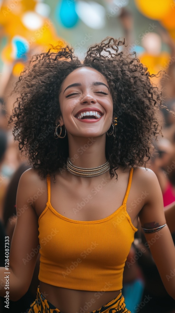 Wall mural Happy Woman Smiling in a Crowded Street Festival During the Afternoon