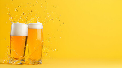 Two beer glasses clinking, splash, yellow background, celebration