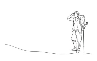 Continuous line drawing of travelers walking with backpacks and trekking poles. Travelers in simple outline illustration.