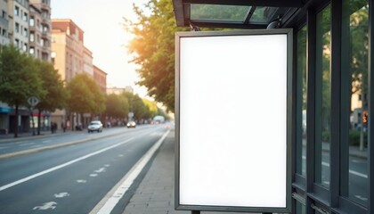 Blank Vertical Billboard Advertising Mockup at City Bus Stop. An empty white billboard perfect for advertising design mockups against a busy city street background. Ideal for showcasing promotions