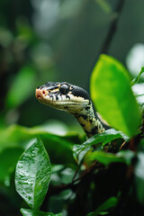 Obraz premium Snake head among green leaves against blurred background. Wildlife macro