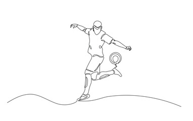 Continuous line drawing of soccerball player kicking ball. Football player in simple outline illustration.