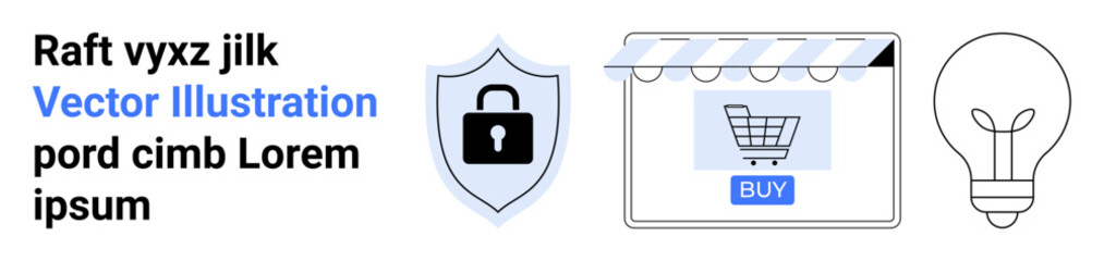 Lock shield security, online store facade, shopping cart with buy button, light bulb signifying ideas. Ideal for e-commerce, security, innovation, retail, creativity technology business flat