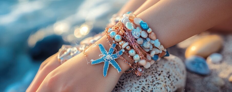 Beach-themed bracelets on female wrist with starfish charm and seashells by ocean shore
